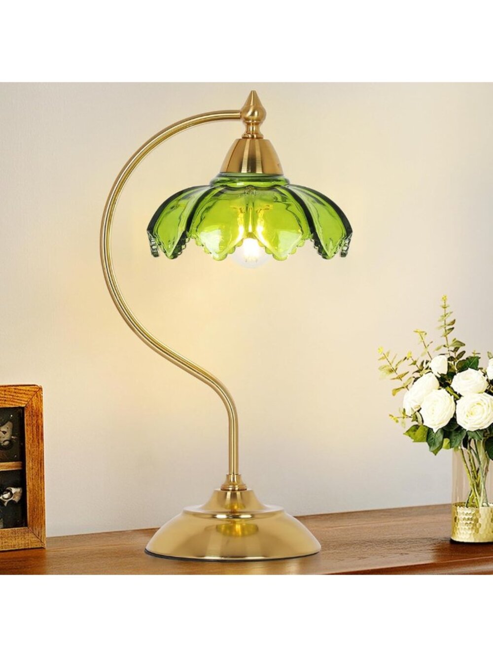 Vintage Flower Table Lamp - Gold Desk Light for Bedroom & Living Room, Small